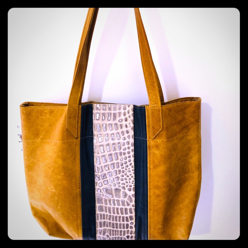 Tan, navy and silver reptile leather tote